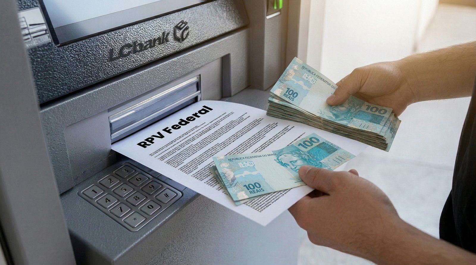 RPV Federal saindo do caixa eletrônico com notas de 100 reais nas mãos.